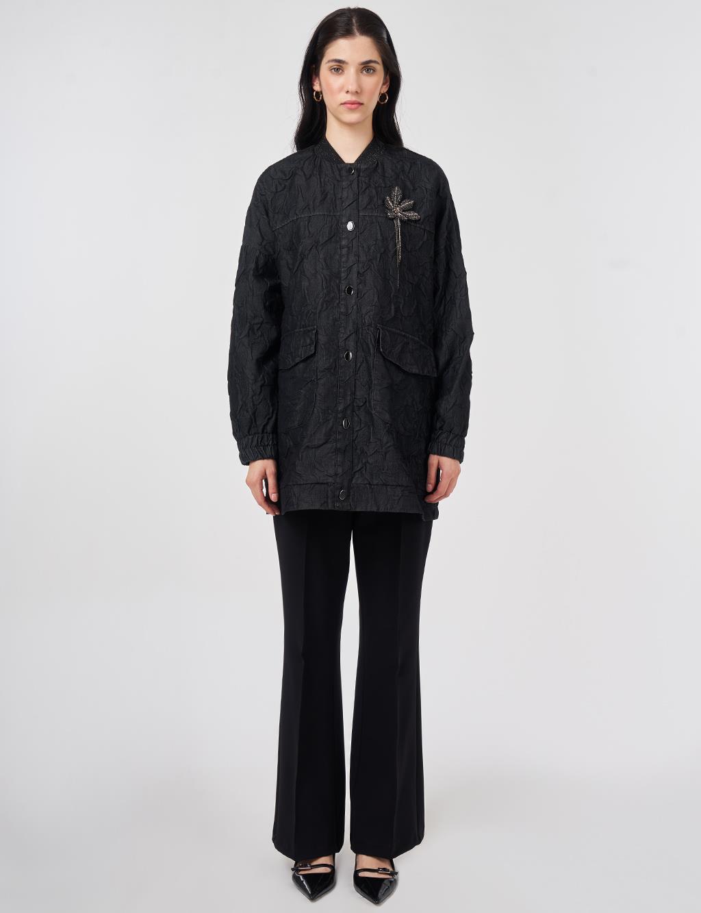 Kabartma Desen Kolej Yaka Ceket Siyah