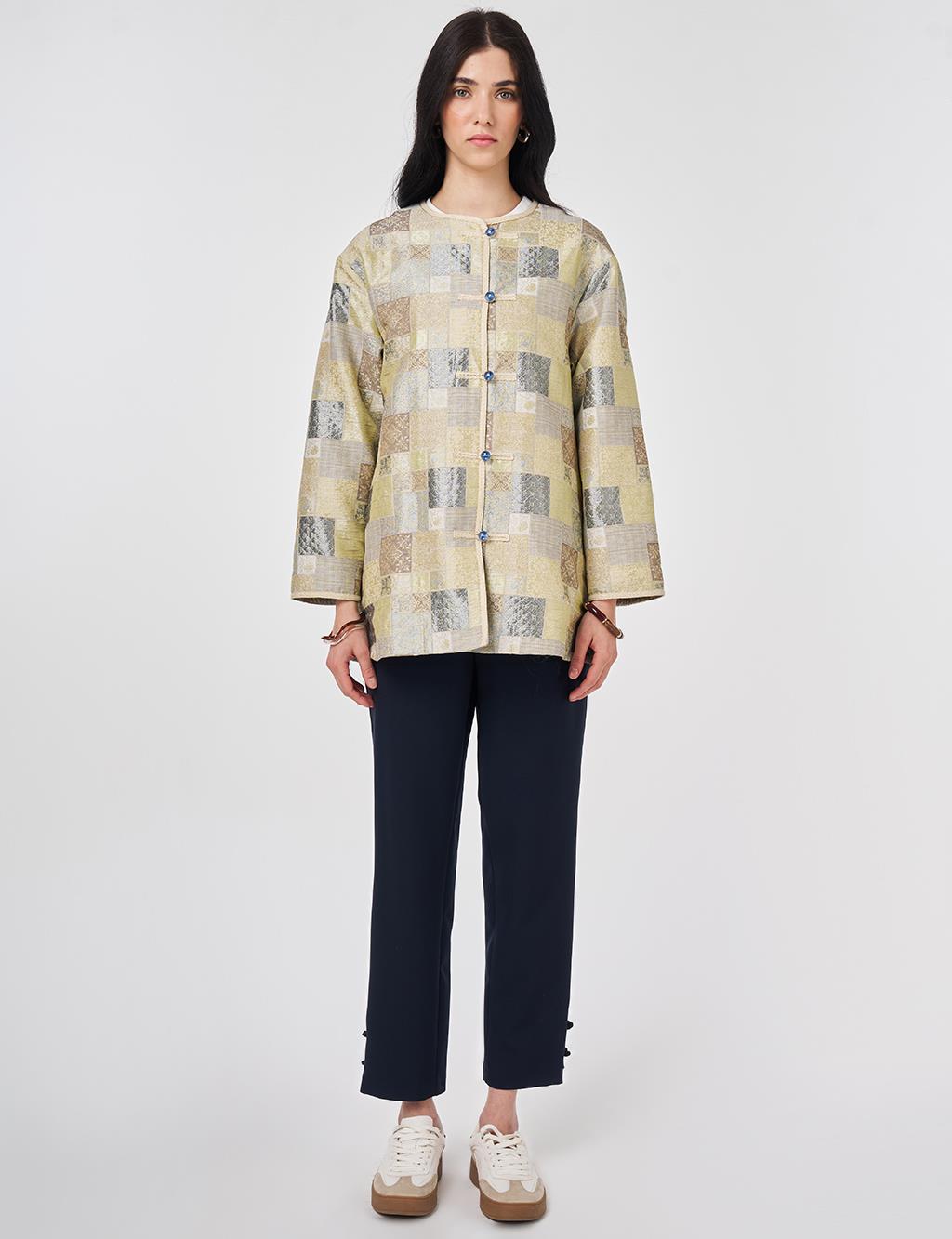 Kare Desen Jakarlı Ceket Küf Yeşili