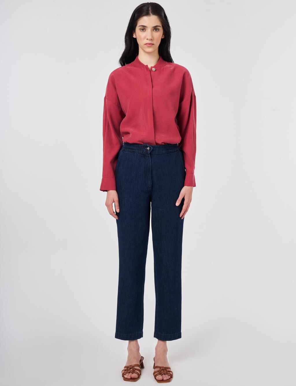 Yıkamalı Elastik Bel Havuç Kesim Denim Pantolon Lacivert 