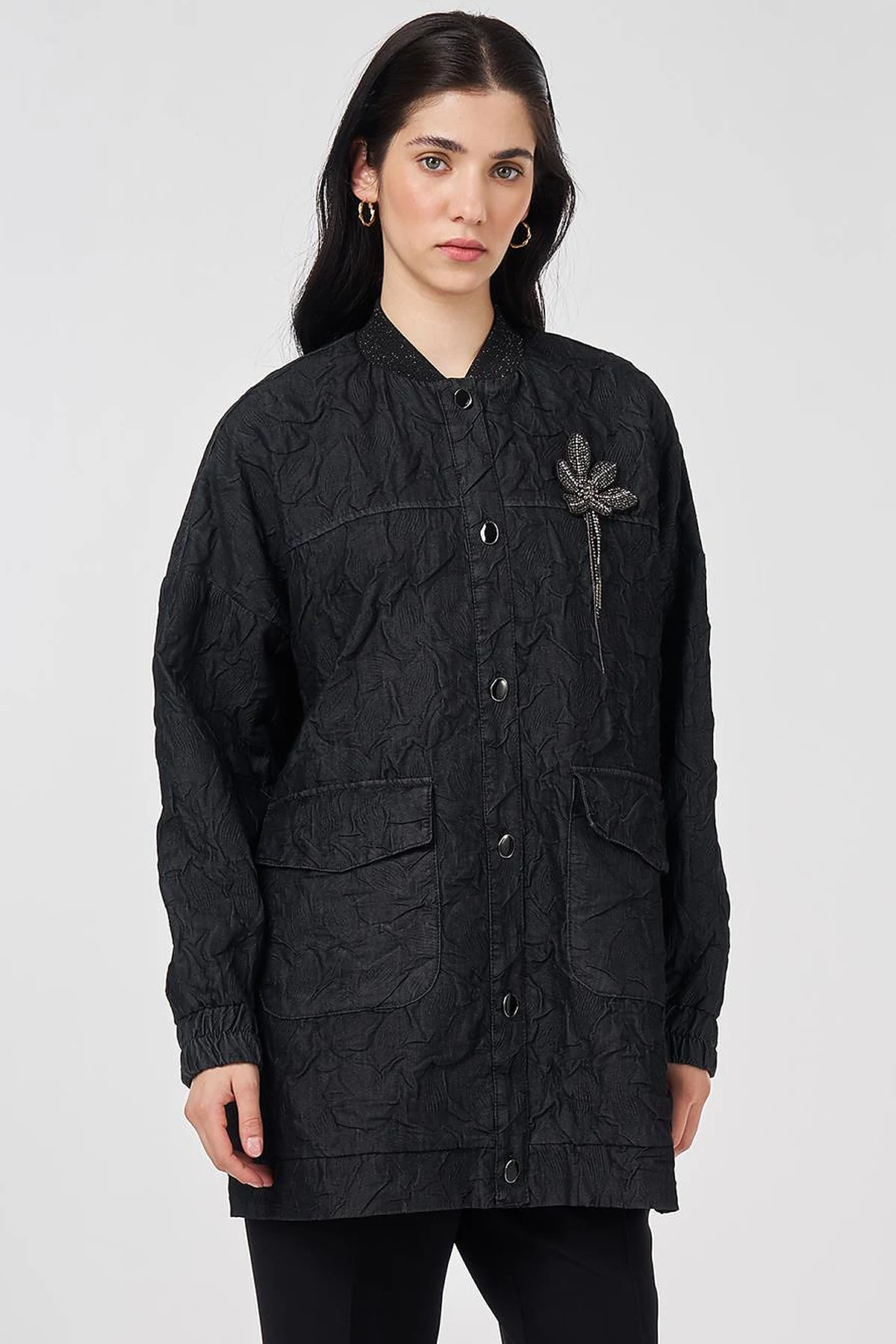 Embossed Pattern College Collar Jacket Black