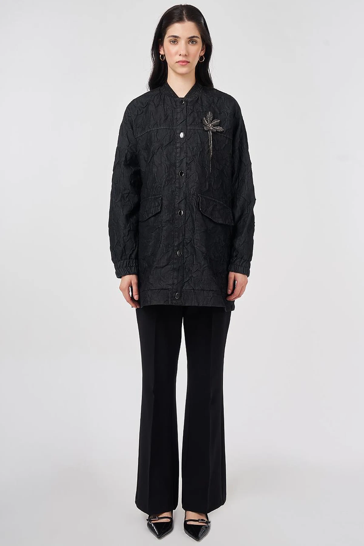 Embossed Pattern College Collar Jacket Black