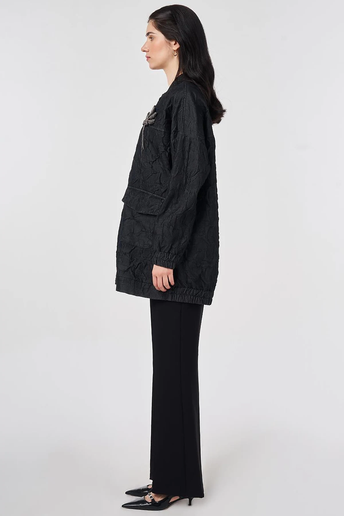 Embossed Pattern College Collar Jacket Black
