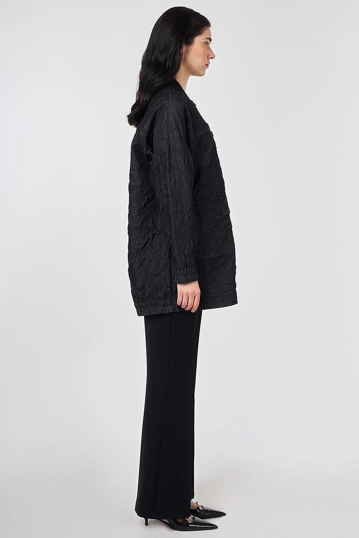Embossed Pattern College Collar Jacket Black