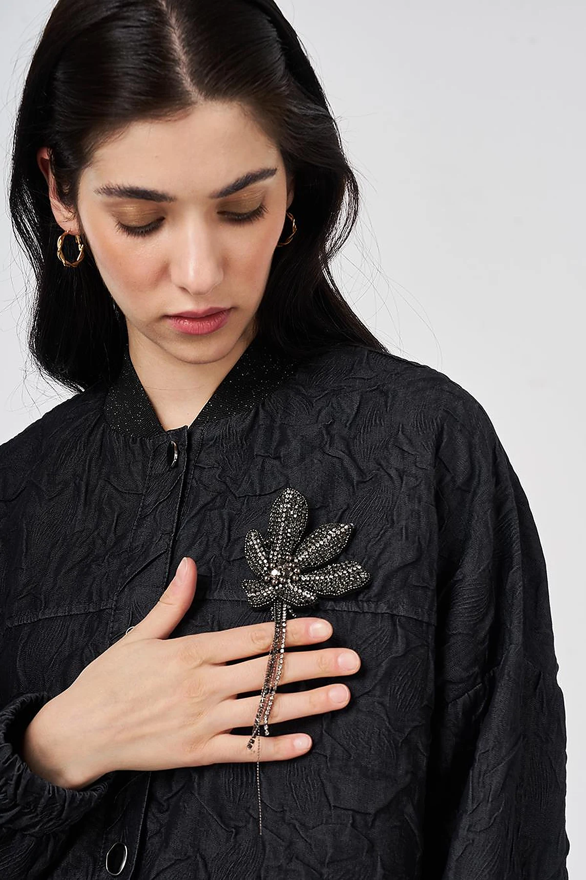 Embossed Pattern College Collar Jacket Black
