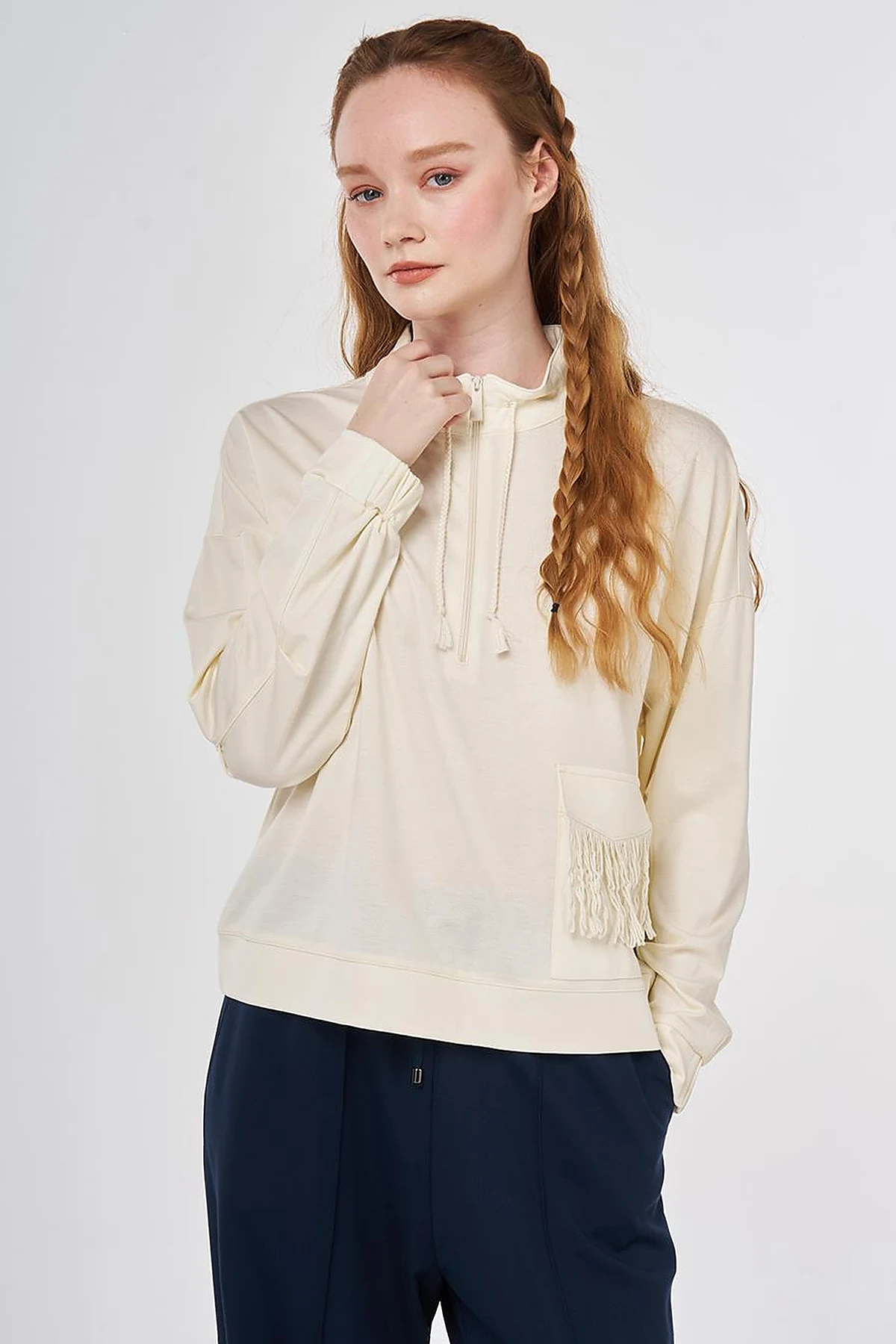 Tassel Detail Modal Sweatshirt Ecru