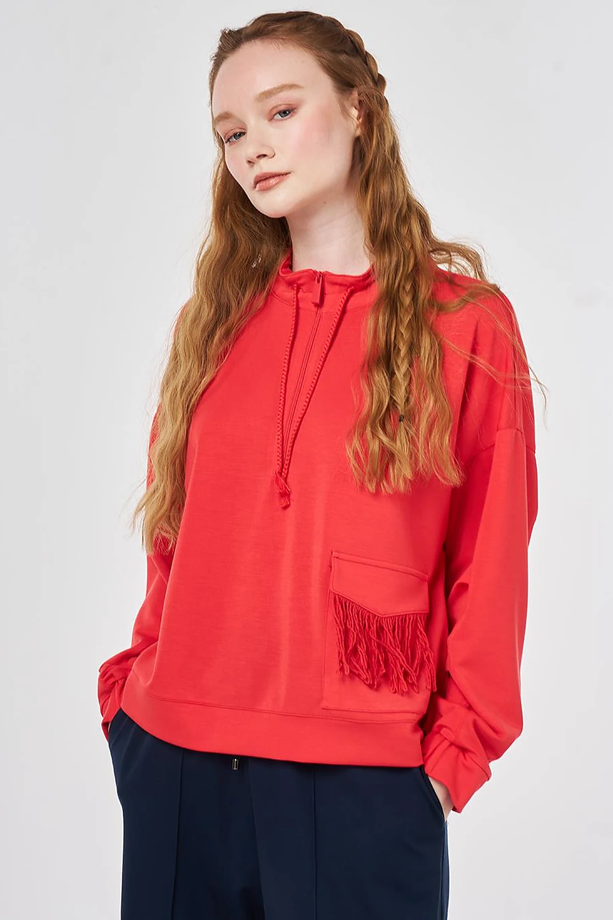 Tassel Detail Modal Sweatshirt Red