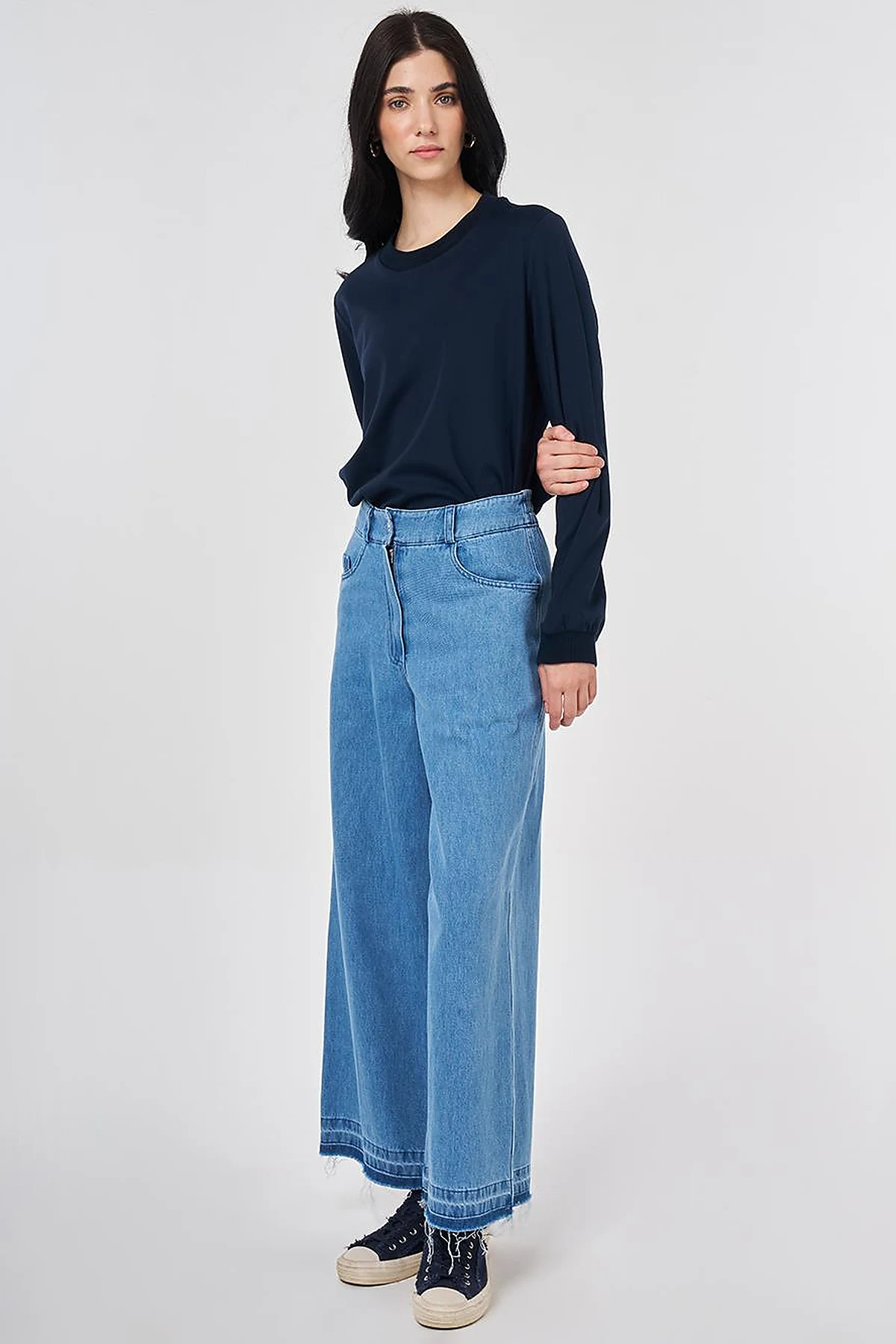 Washed Elastic-Waist Denim Trousers Blue 