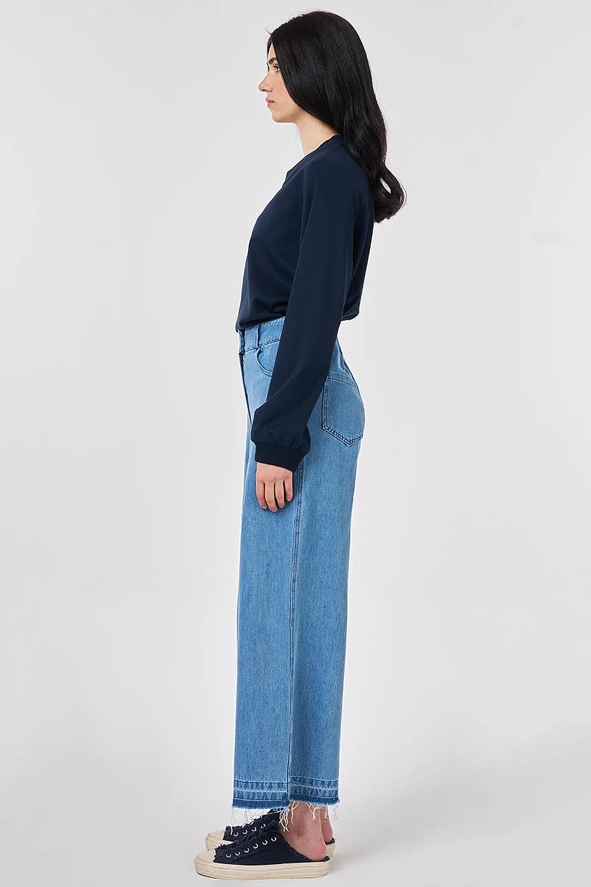 Washed Elastic-Waist Denim Trousers Blue 