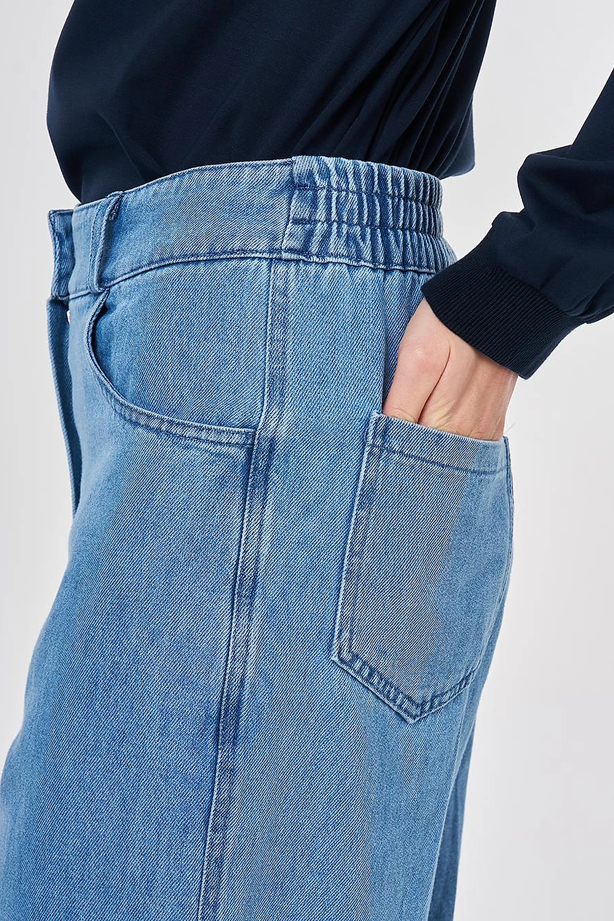 Washed Elastic-Waist Denim Trousers Blue 