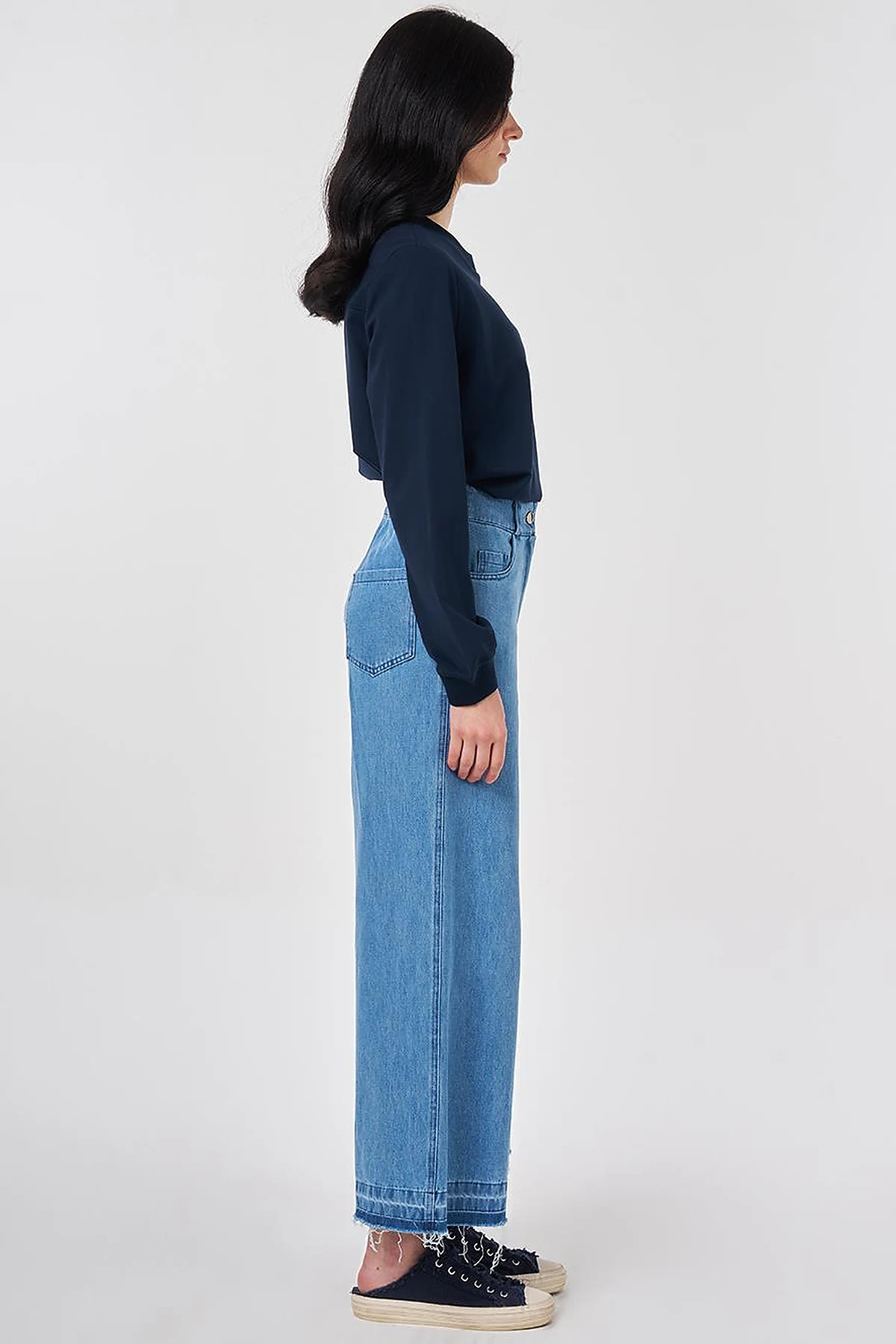 Washed Elastic-Waist Denim Trousers Blue 