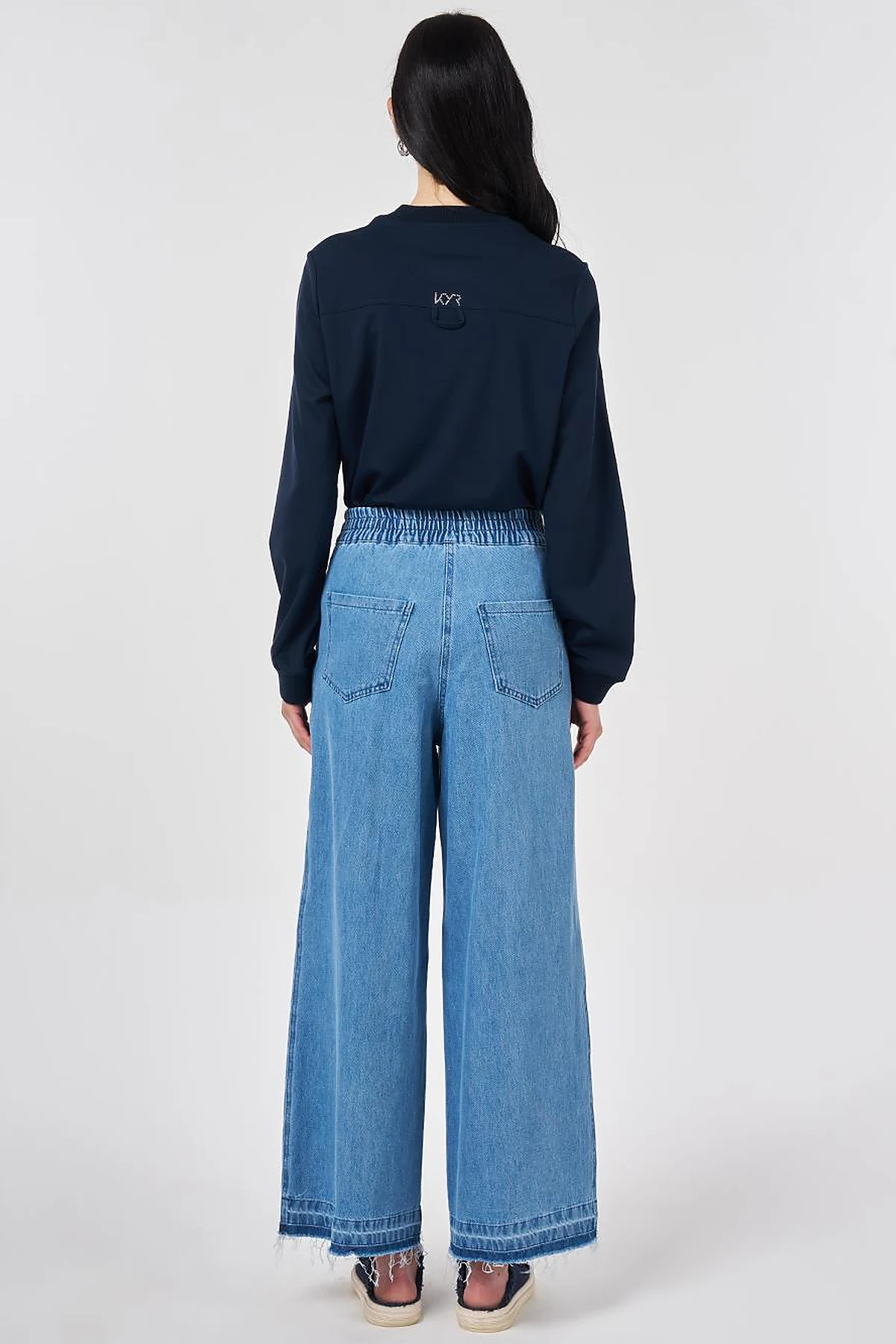 Washed Elastic-Waist Denim Trousers Blue 