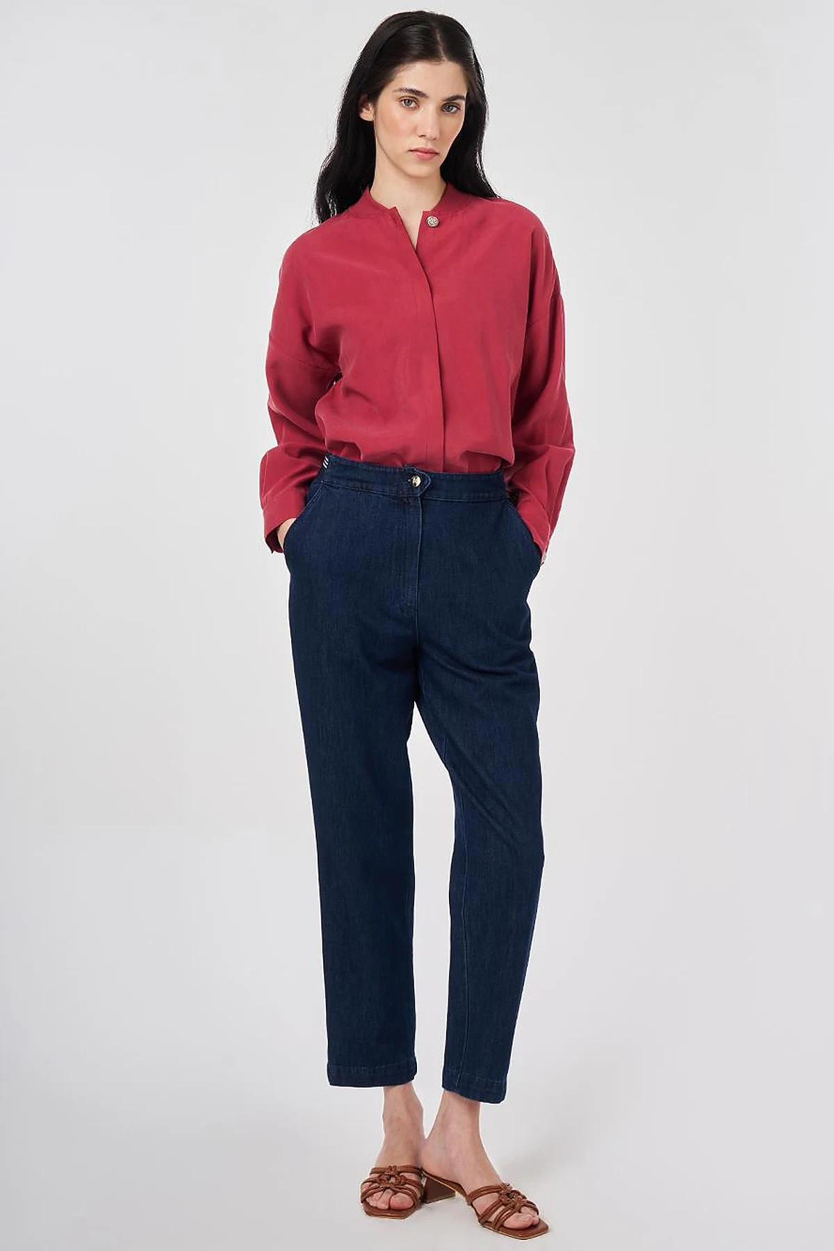 Elastic-Waist Carrot-Fit Denim Trousers Navy