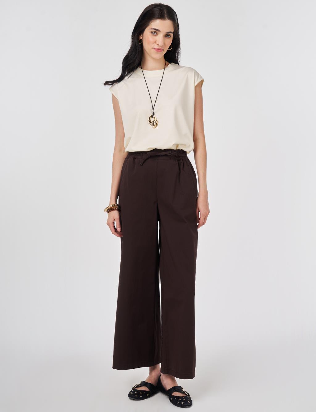 Bağcıklı Geniş Paça Pantolon Koyu Kahve