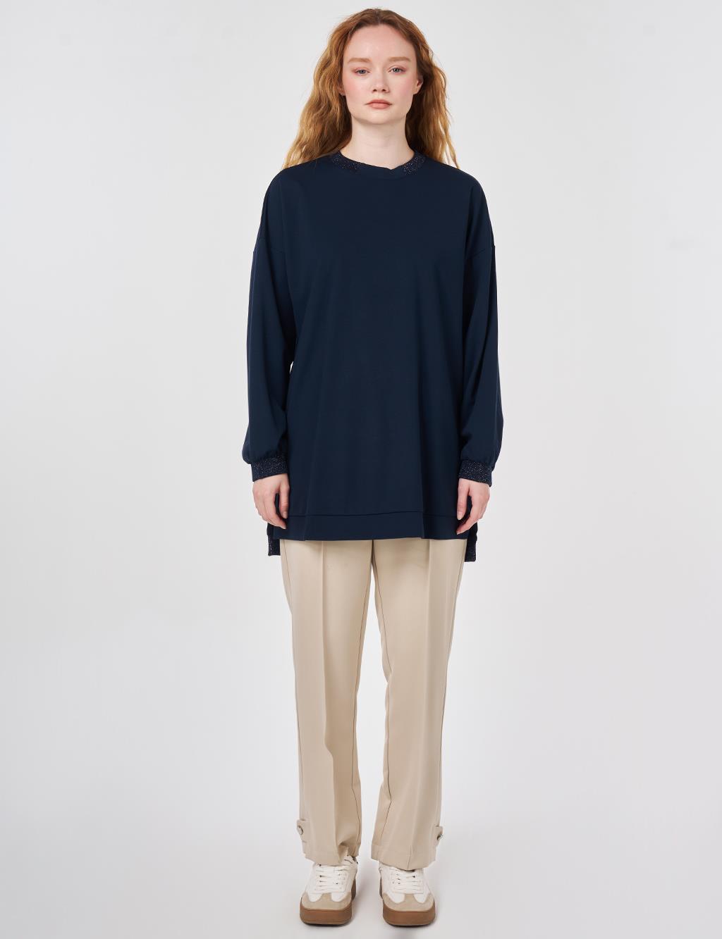 Glitter-Trim Knit Sweatshirt Dark Navy