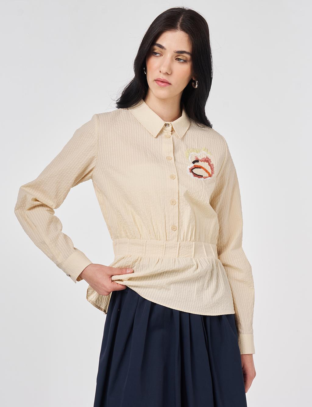 100% Cotton Embroidered Crinkle Blouse Cream