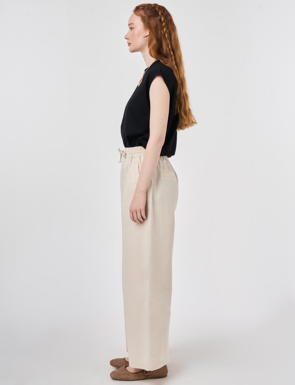Bağcıklı Geniş Paça Pantolon Krem