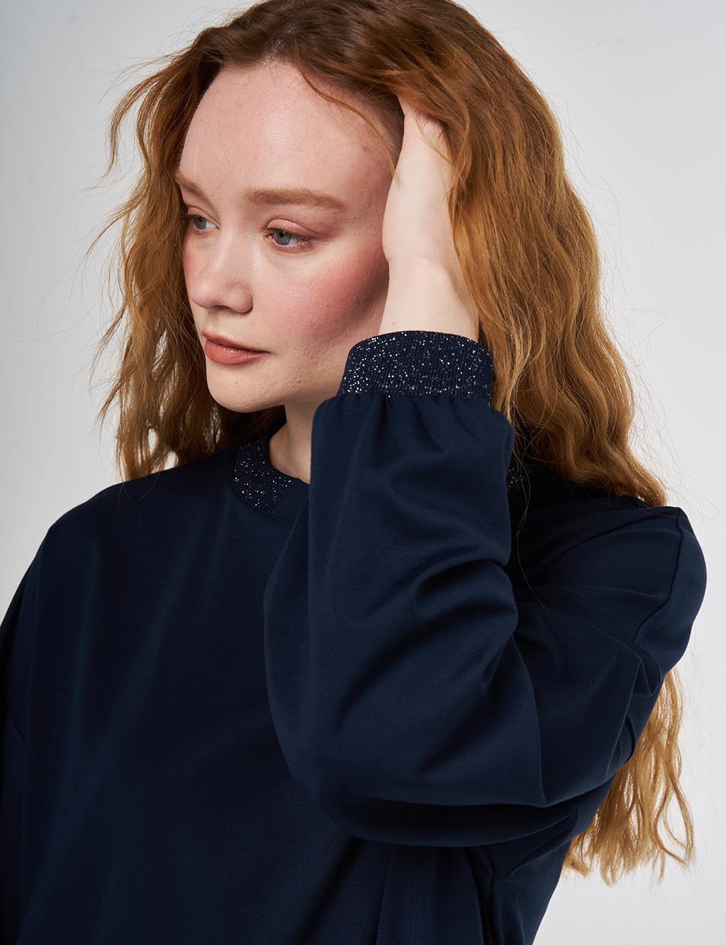 Glitter-Trim Knit Sweatshirt Dark Navy