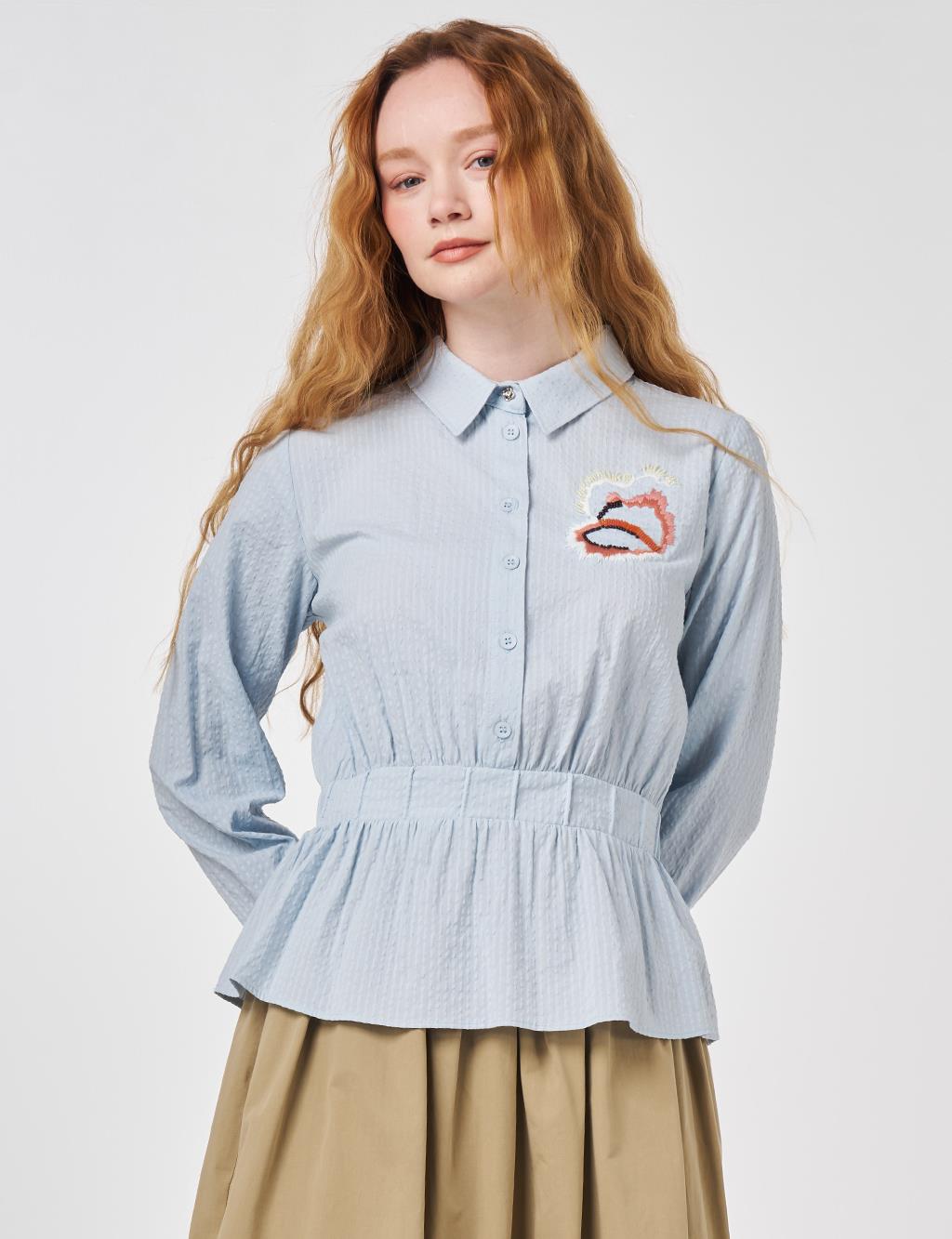 100% Cotton Embroidered Crinkle Blouse Blue