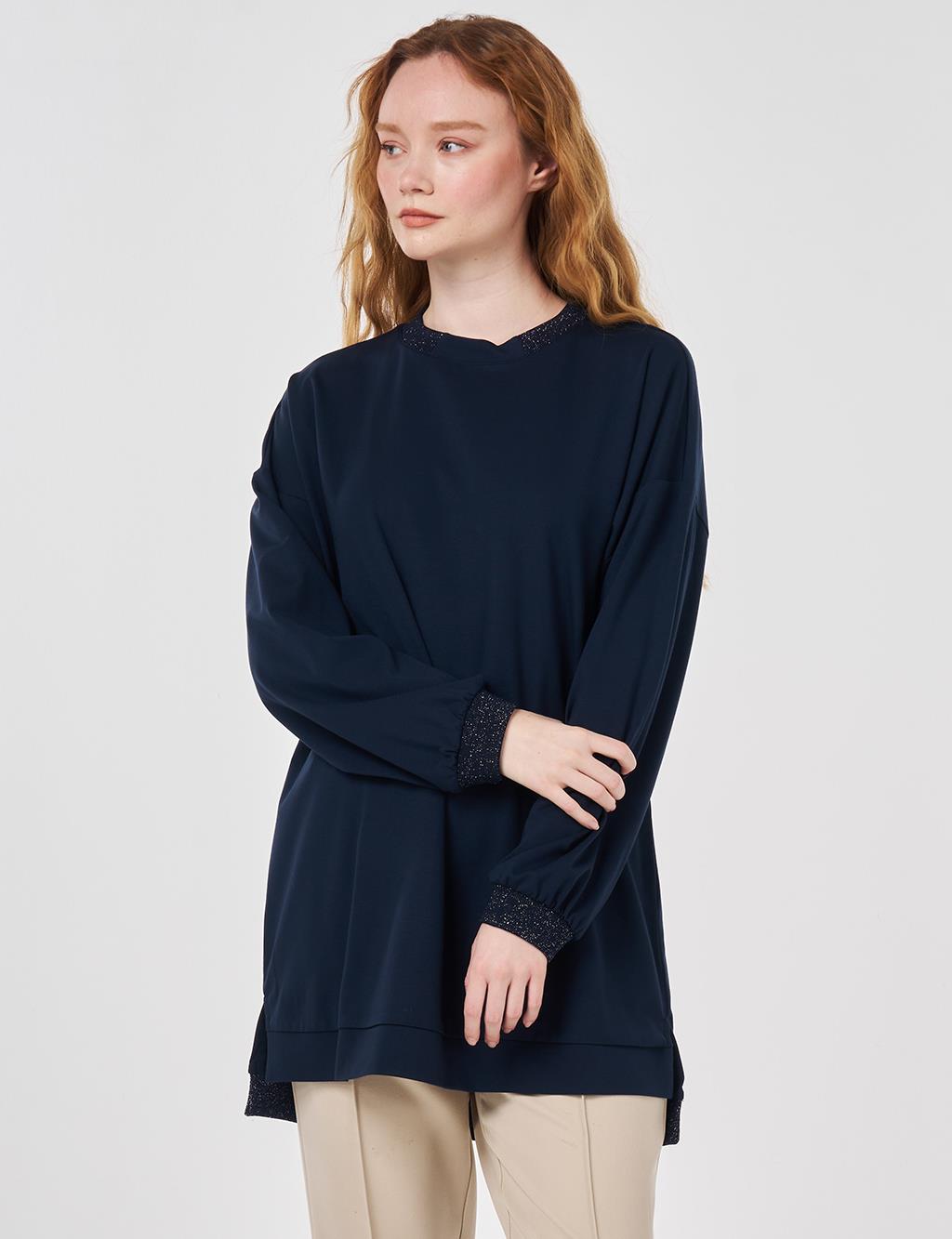Glitter-Trim Knit Sweatshirt Dark Navy