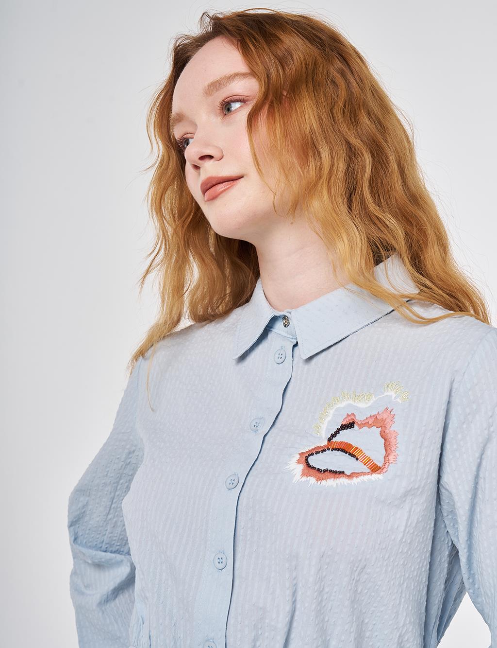 100% Cotton Embroidered Crinkle Blouse Blue