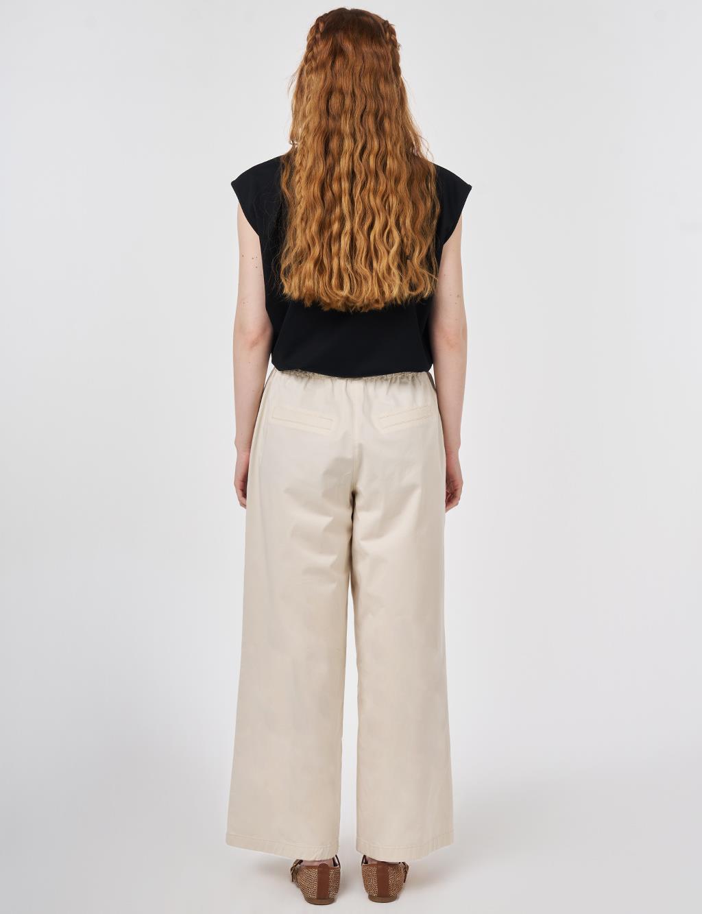 Bağcıklı Geniş Paça Pantolon Krem