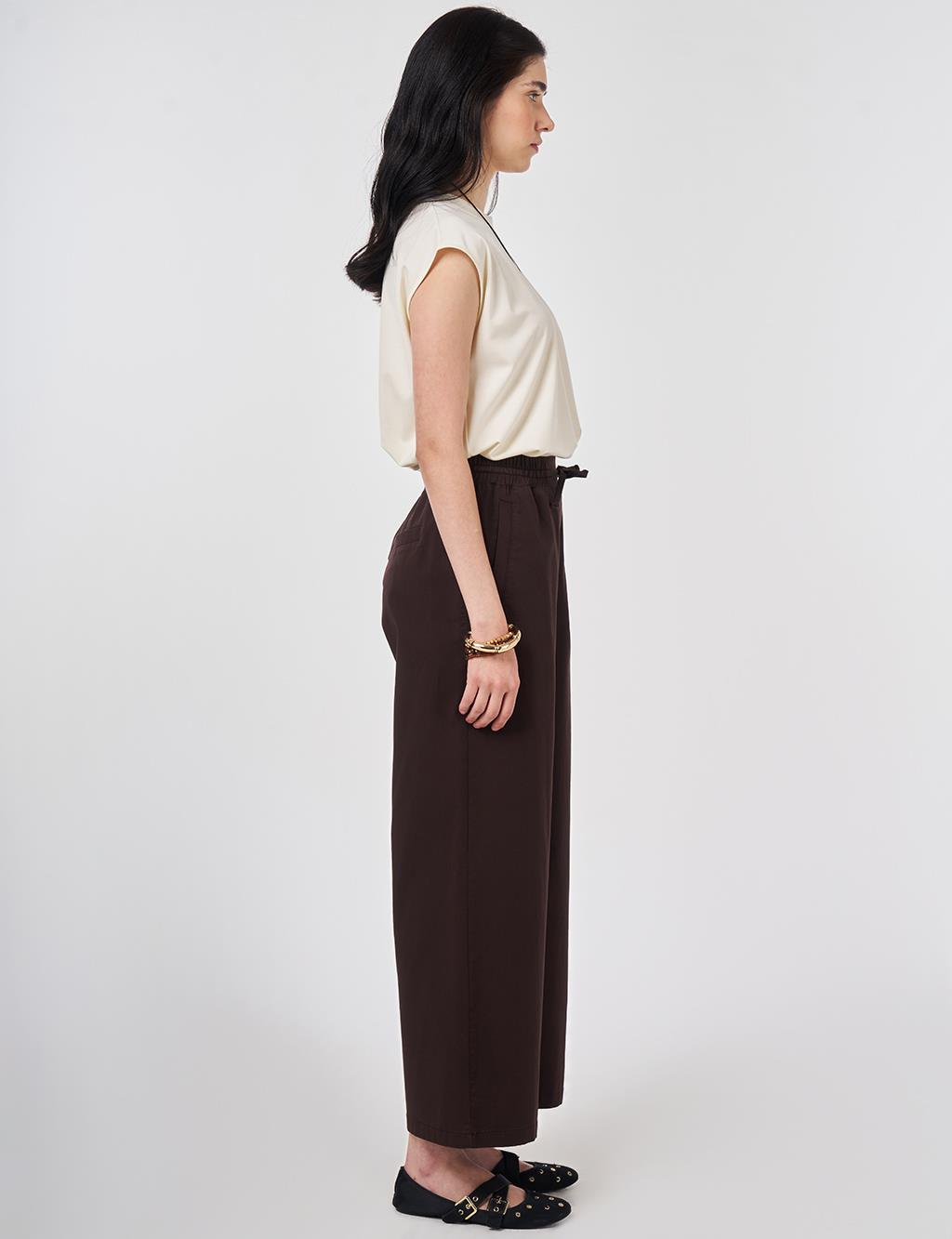Bağcıklı Geniş Paça Pantolon Koyu Kahve