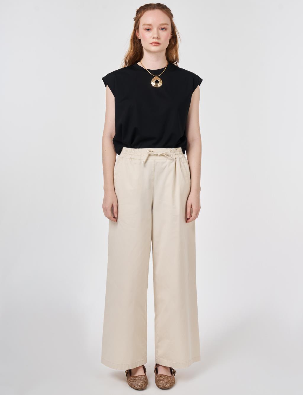 Bağcıklı Geniş Paça Pantolon Krem