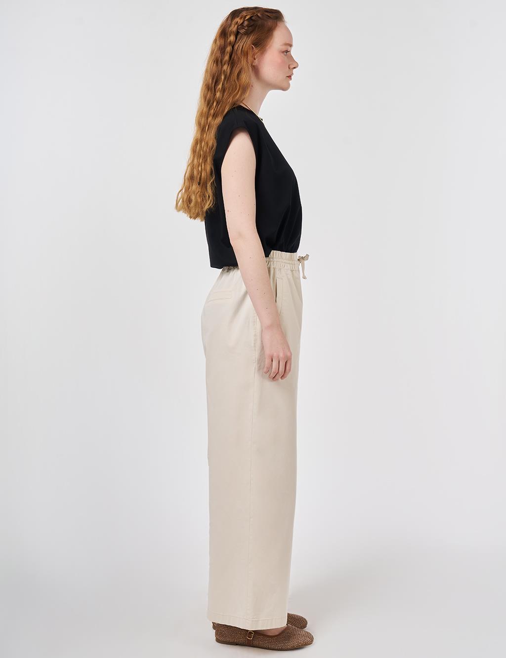 Bağcıklı Geniş Paça Pantolon Krem