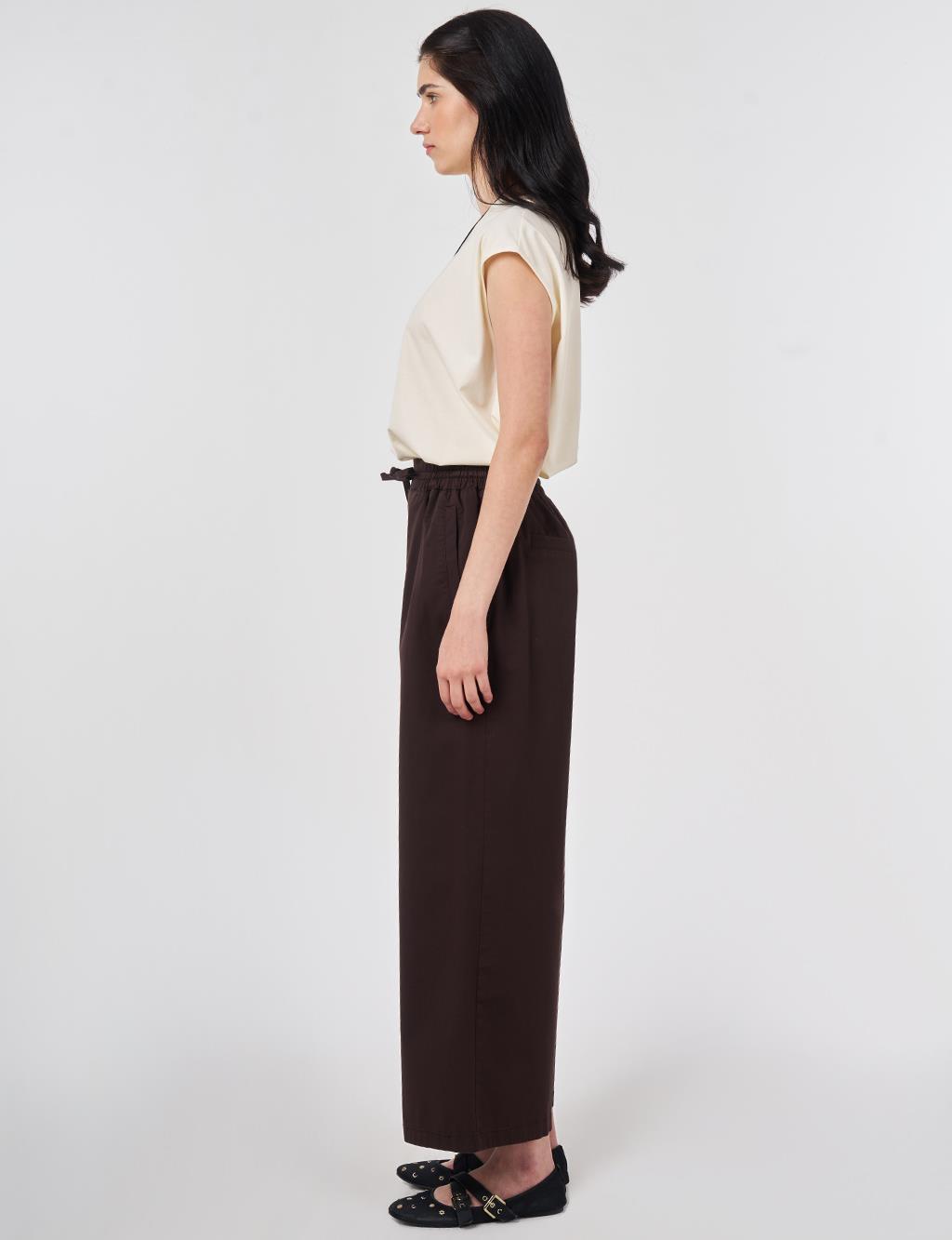 Bağcıklı Geniş Paça Pantolon Koyu Kahve