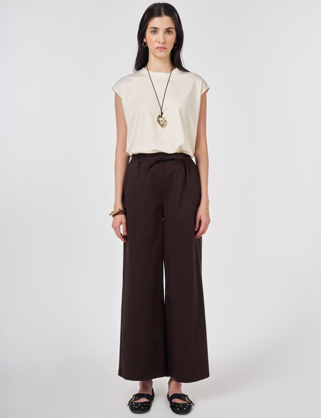 Bağcıklı Geniş Paça Pantolon Koyu Kahve