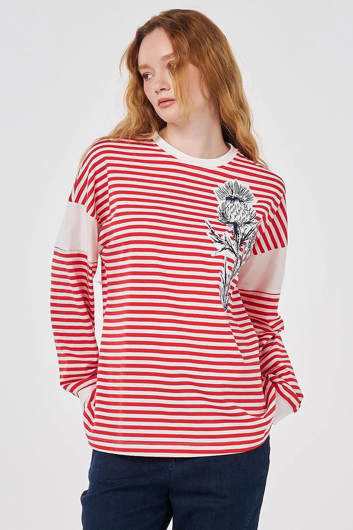 %100 Pamuklu Baskı Detaylı Sweatshirt Kırmızı