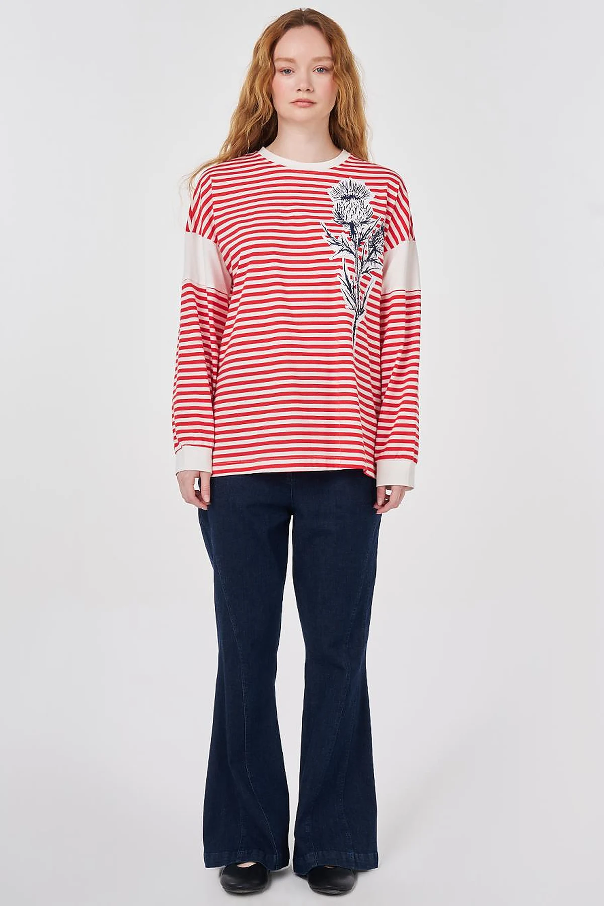 %100 Pamuklu Baskı Detaylı Sweatshirt Kırmızı