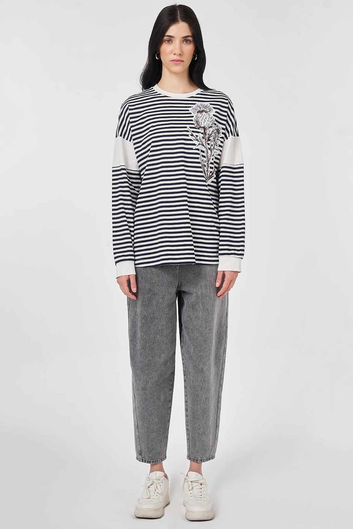 %100 Pamuklu Baskı Detaylı Sweatshirt Koyu Lacivert