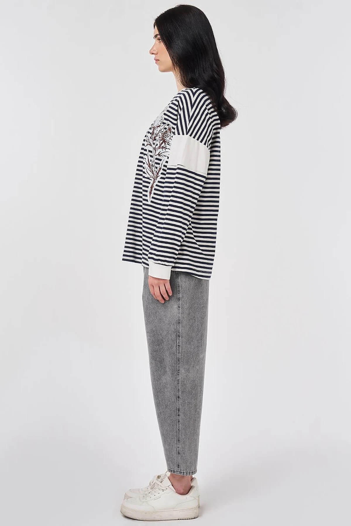 %100 Pamuklu Baskı Detaylı Sweatshirt Koyu Lacivert