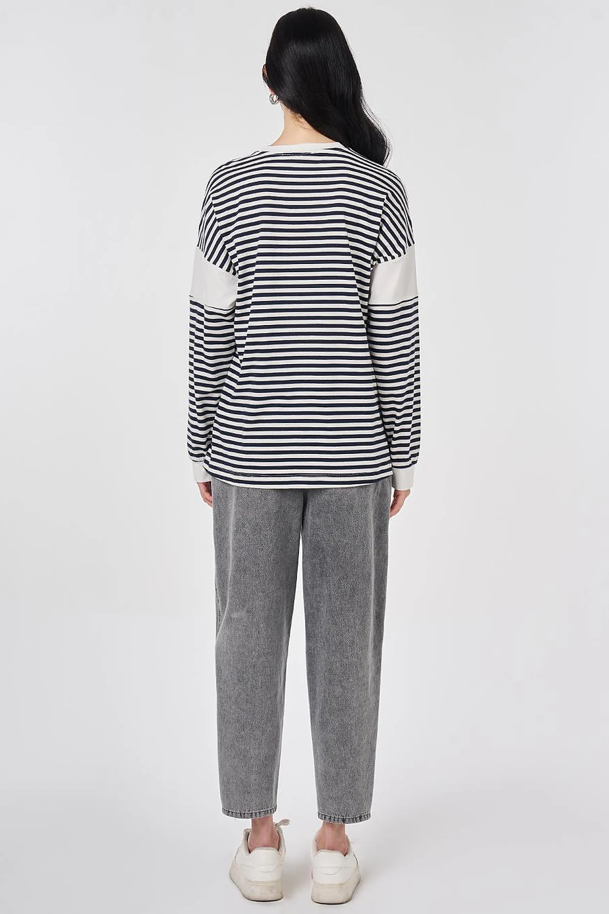 %100 Pamuklu Baskı Detaylı Sweatshirt Koyu Lacivert