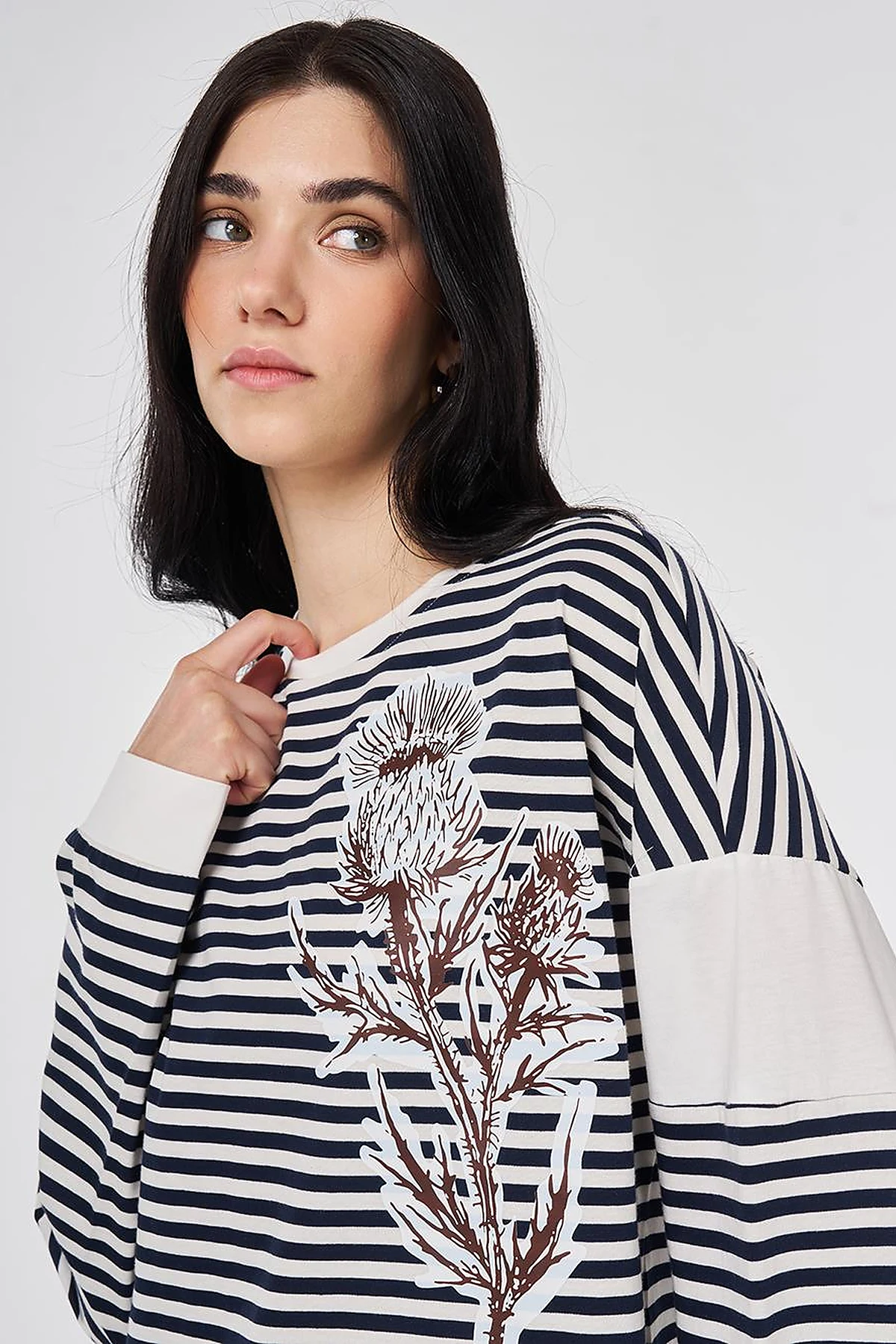 %100 Pamuklu Baskı Detaylı Sweatshirt Koyu Lacivert