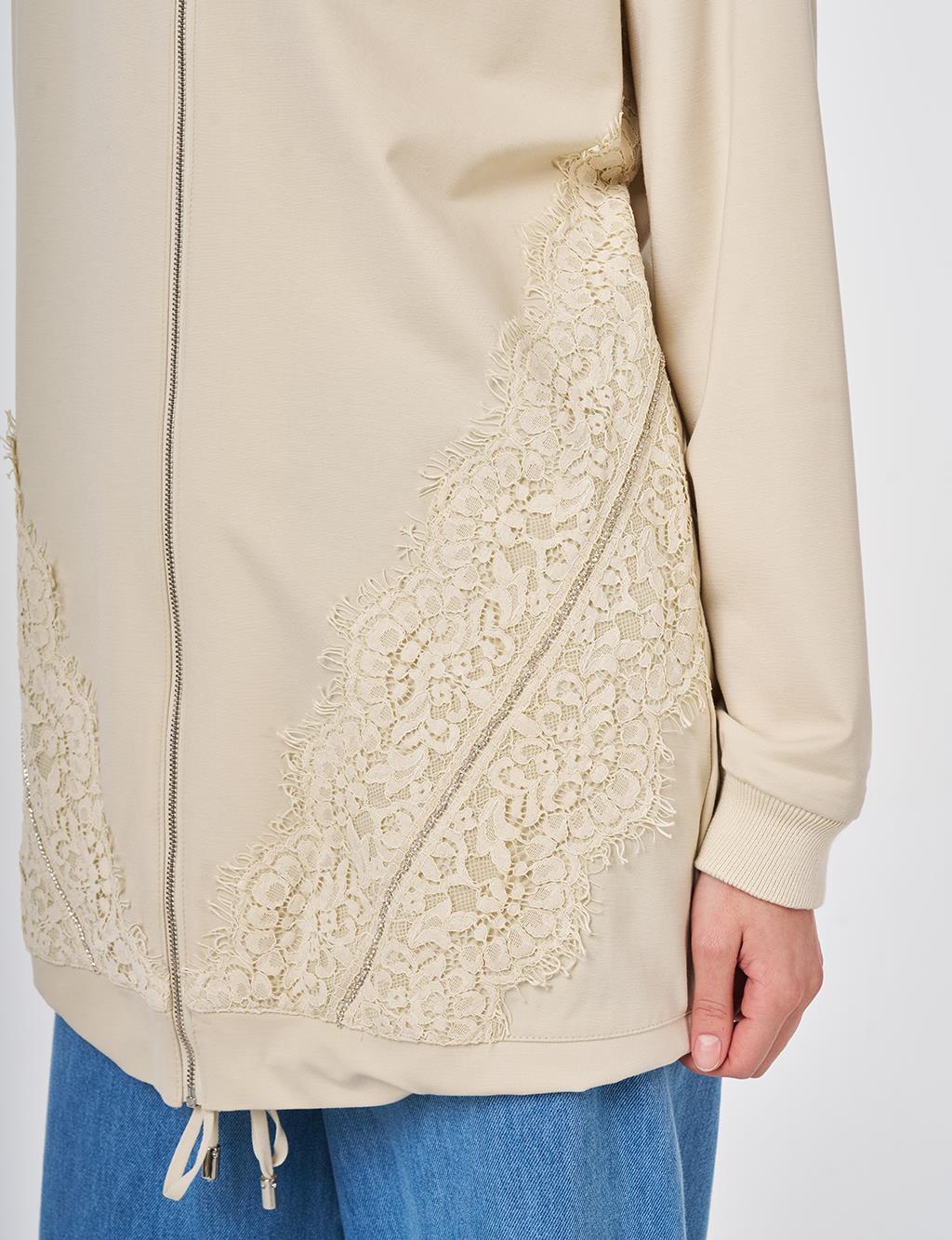 Dantel Garnili Rayon Ceket Krem