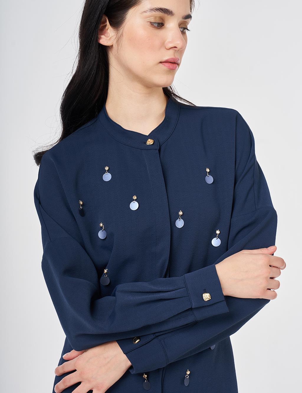 Pul Detaylı Hakim Yaka Tunik Koyu Lacivert