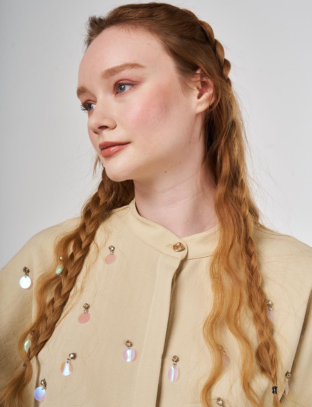 Pul Detaylı Hakim Yaka Tunik Açık Sarı