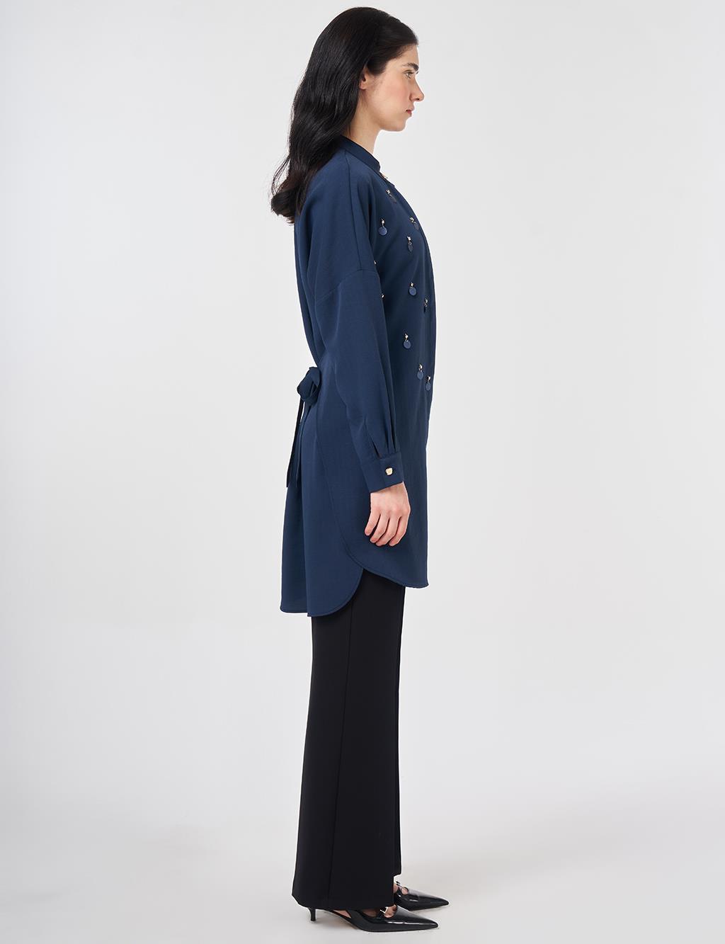 Pul Detaylı Hakim Yaka Tunik Koyu Lacivert