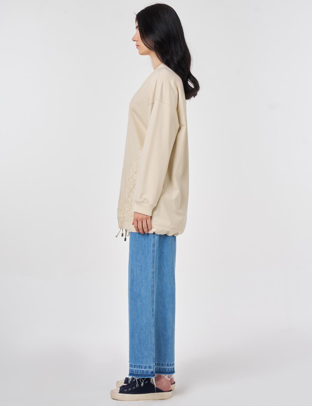 Dantel Garnili Rayon Ceket Krem