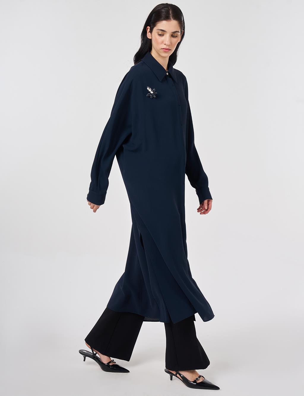 İşlemeli Krep Uzun Tunik Koyu Lacivert