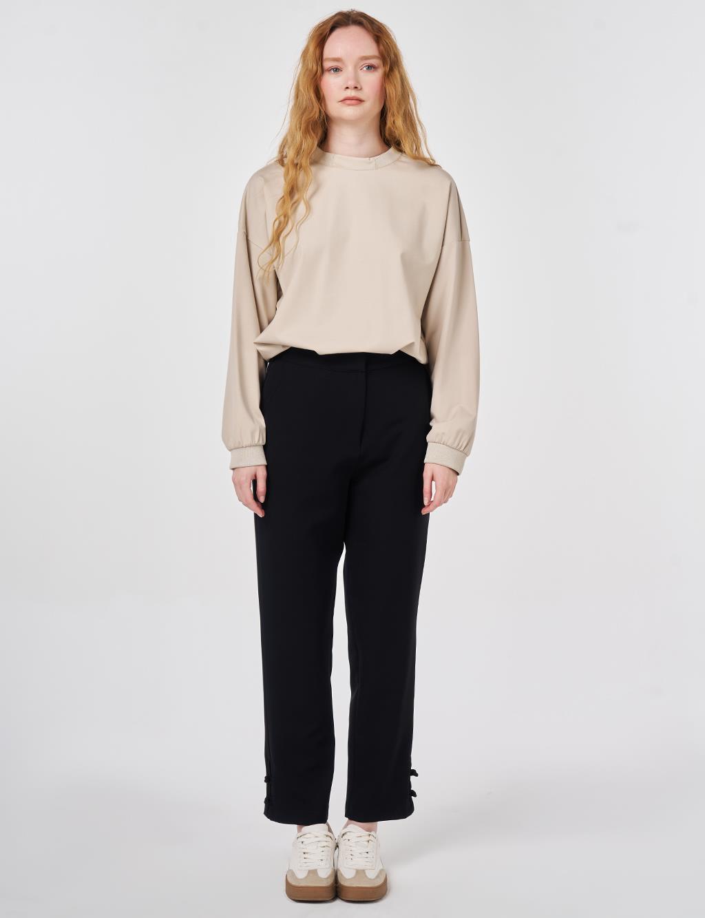 Düğüm Düğmeli Boru Paça Pantolon Siyah