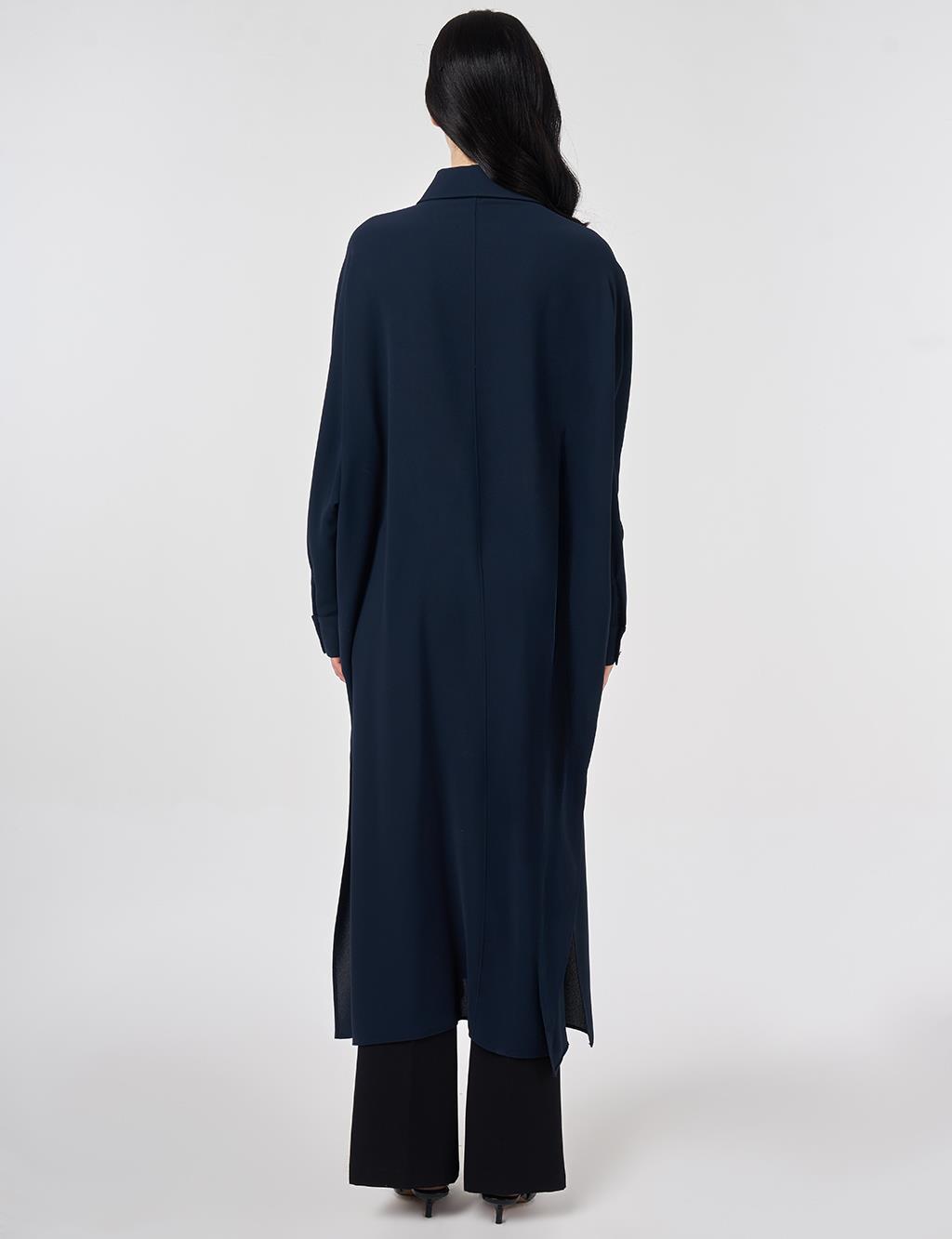 İşlemeli Krep Uzun Tunik Koyu Lacivert