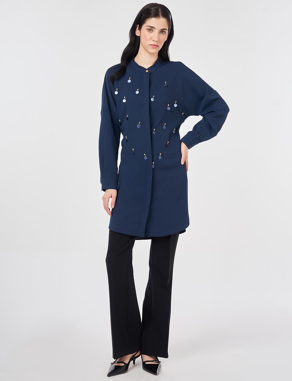 Pul Detaylı Hakim Yaka Tunik Koyu Lacivert