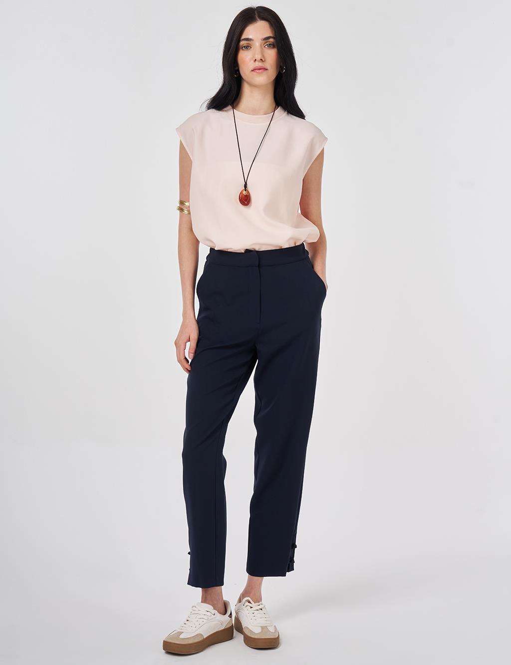 Düğüm Düğmeli Boru Paça Pantolon Koyu Lacivert