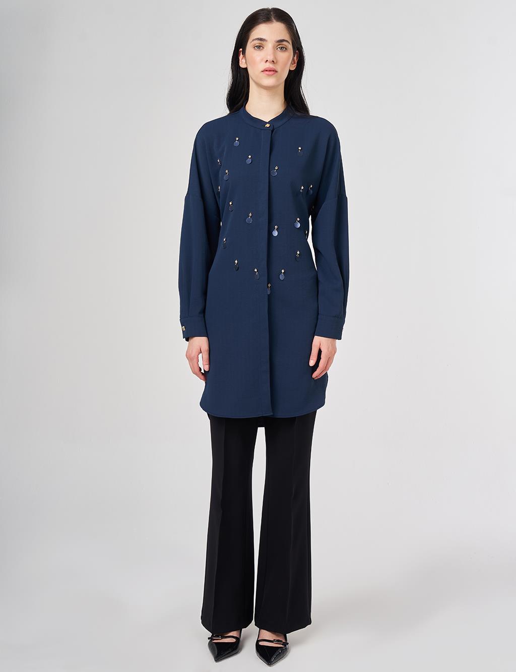 Pul Detaylı Hakim Yaka Tunik Koyu Lacivert