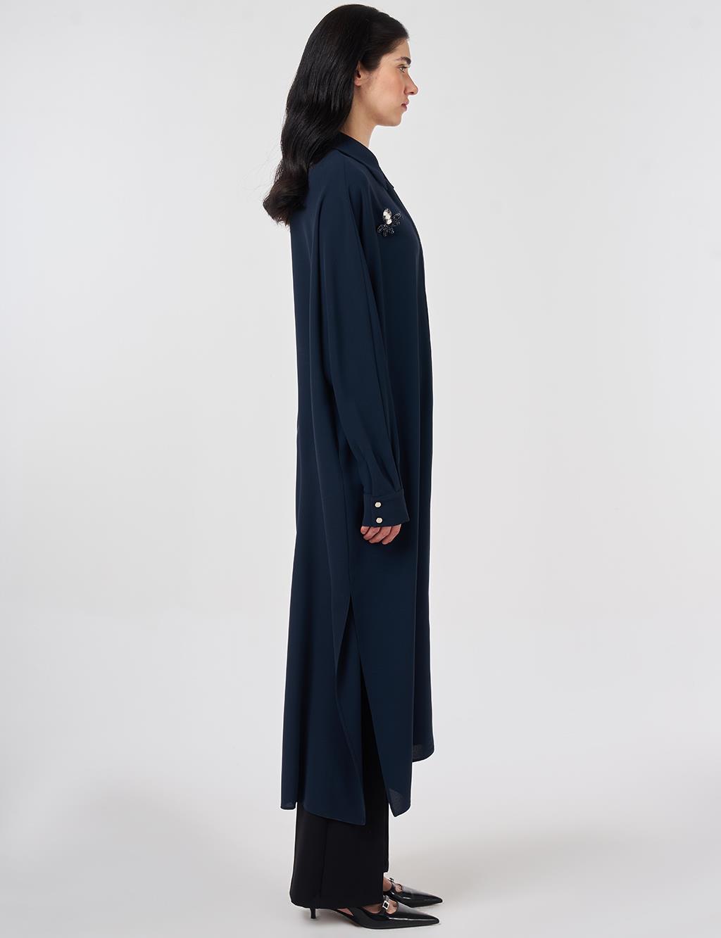 İşlemeli Krep Uzun Tunik Koyu Lacivert