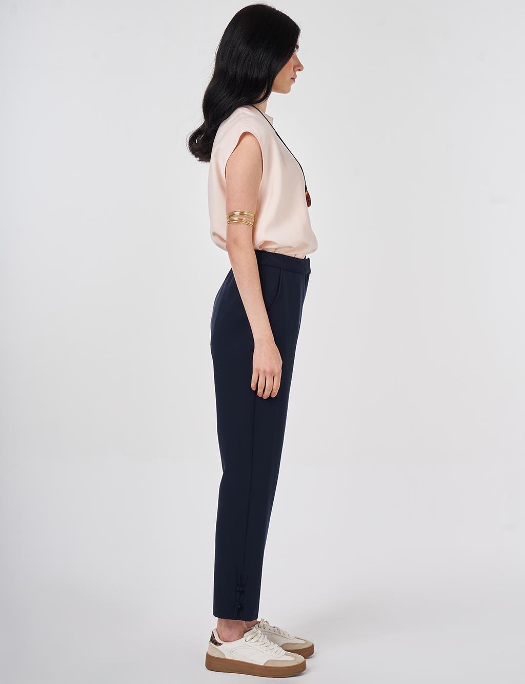 Düğüm Düğmeli Boru Paça Pantolon Koyu Lacivert