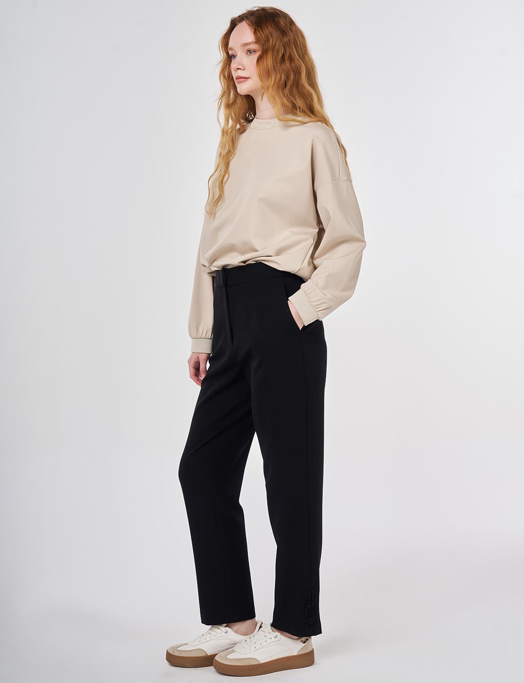 Düğüm Düğmeli Boru Paça Pantolon Siyah